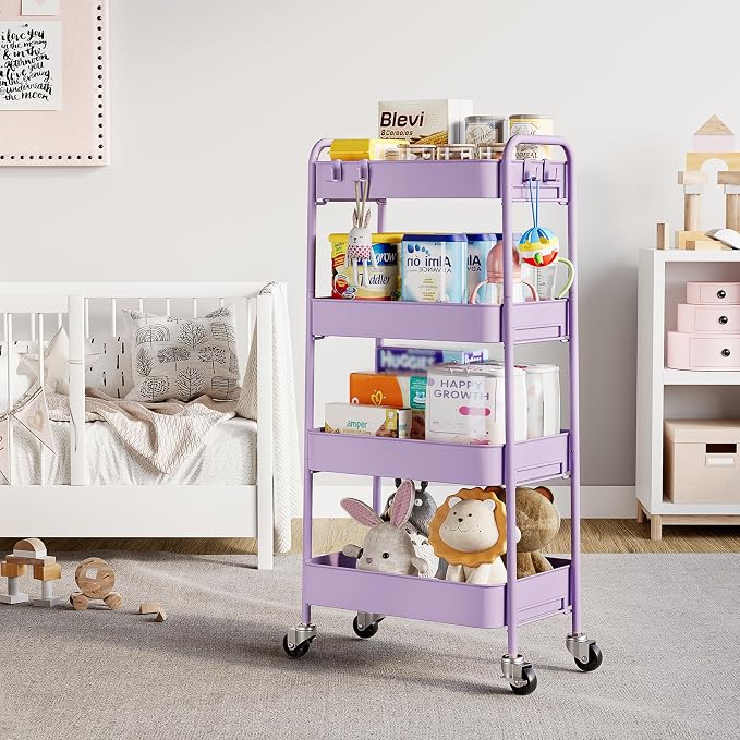 TOOLF 4 Tier Metal Rolling Cart, Utility Storage Cart with Wheels, Purple | Screwless Assembly, Lockable Metal Wheels, Trolley Organizer for Bathroom, Kitchen, Office, Dorm, Laundry, Craft Room