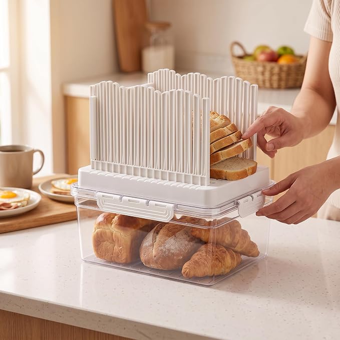 VECELO 2‑in‑1 Bread Slicer & Airtight Bread Storage Box with Handle, Plastic Bread Container with Lid for Keeping Fresh, Ideal for Bread, Cake, Buns,White