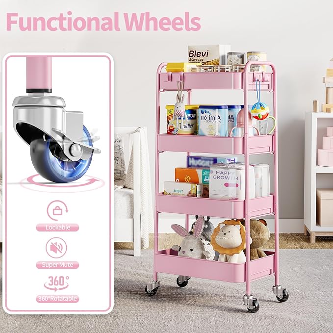 TOOLF 4 Tier Metal Rolling Cart, Utility Storage Cart with Wheels, Pink | Screwless Assembly, Lockable Metal Wheels, Trolley Organizer for Bathroom, Kitchen, Office, Dorm, Laundry, Craft Room