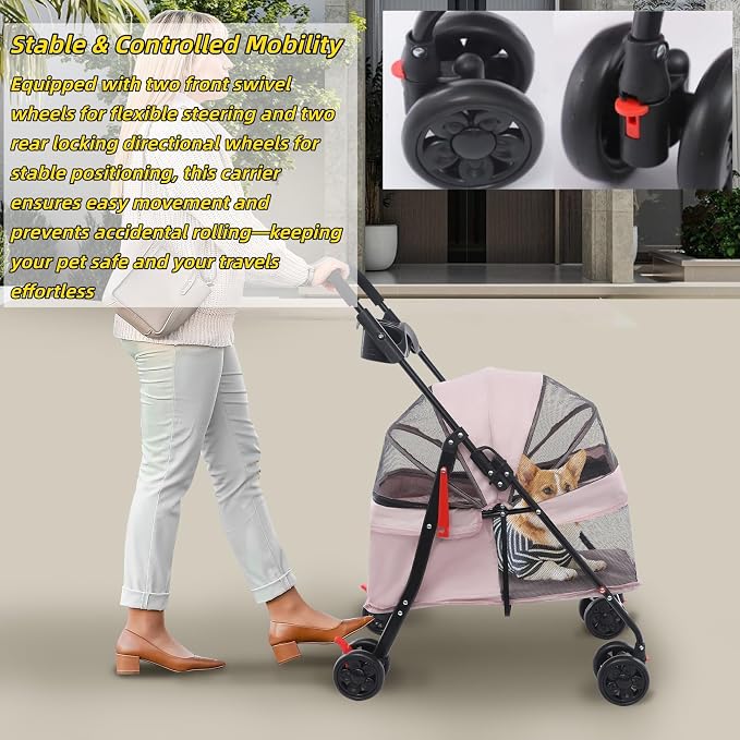 Pet Stroller for Small Medium Dogs Up to 40lbs, 4 Wheels Folding Pet Carriage Cart for Dogs Cats, Portable Cat Puppy Jogging Stroller with Rear Pocket and Cup Holder (Upgraded, Light Pink)