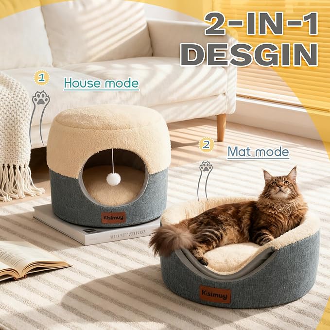 2-in-1 Foldable Cat Bed for Indoor Cats, Cat Cave & Sofa Bed | 15.7"D x 13"H, Reversible Plush & Linen Cushion,Enclosed Cat Bed, Hanging Cat Toys, Non-Slip, Small Cat House, Grey