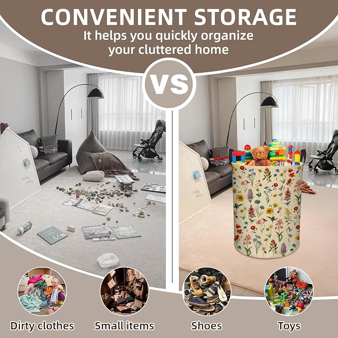 Flower Laundry Hamper, Waterproof Laundry Basket for Bedroom, 43L Round Collapsible Nursery Hamper Storage Bin with Handles for Toys, Storage Basket for Boy Girls, Room Decor, 13.8x17.7 in