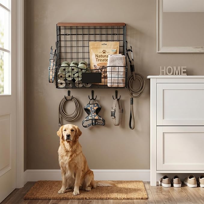 Pet Supplies Wall Basket with Wood Lid and Hooks, Dog Stuff Organizer for Wall, Puppy Toy Box Holder for Treats Leash, Wall Storage for Kitchen Pantry Bathroom, 11.8 x 8.7 x 10.6 in