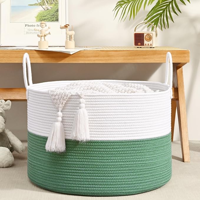 67L Large Woven Blanket Basket, Cotton Rope Baby Laundry Hamper with Handles, Kids Toy Basket for Classroom & Nursery, Soft Round Stuffed Animal Storage, Dog Toy Bin - 20"x13", Green