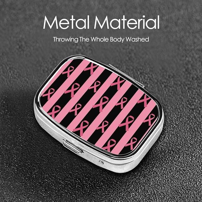 Travel Pill Organizer Portable Pill Case 2 Compartments Breast Cancer Awareness Stripes Ribbon Black Small Pill Box Mini Daily Medicine Organizer Box
