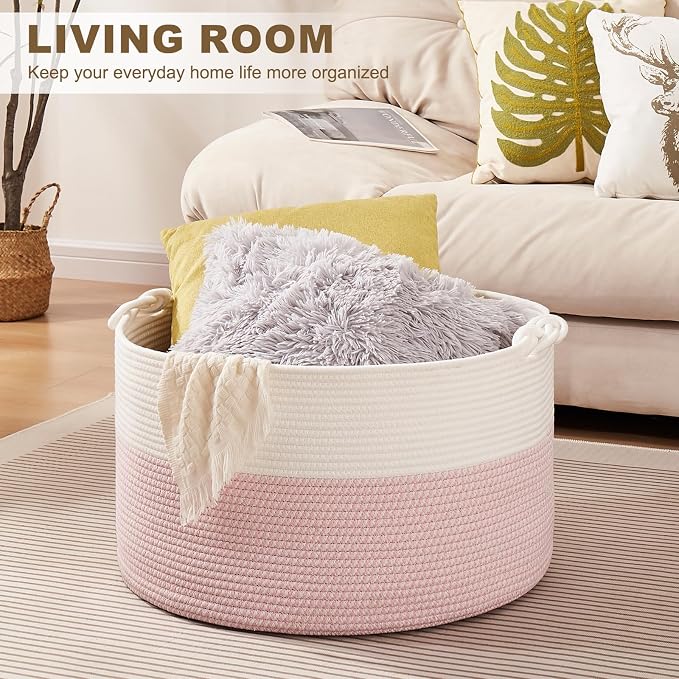 OIASKET Large Blanket Storage Basket for Living Room, 22.8" x 22.8" x 13" Woven Cotton Rope Basket with Handles, Baby Toy Storage, Laundry Hamper for Clothes, Pillows, Towels-Pink and White