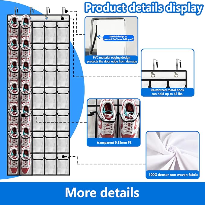 Over the Door Shoe Organizer, 2025 Upgrade 35 Large Pockets for Shoe Storage, Hanging Shoe Holder with Metal Hook, Clear Shoe Rack for Closet Bathroom Door Space Saving - White