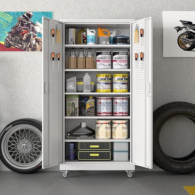 Reemoon 71-Inch Metal Garage Storage Cabinet with Wheels, White | 18 x 34 x 71 in rolling steel cabinet with 5 adjustable shelves, pegboard, locking doors, and 4 casters; assembly required.