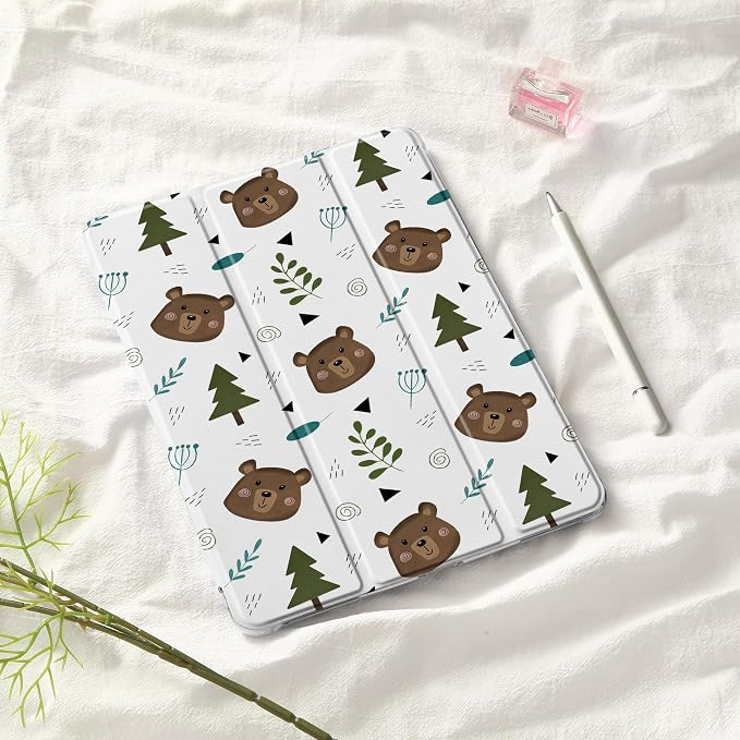Cute Lovely Bear Case for 9.7" iPad Air/iPad Air 2, Clear TPU Smart Stand Back Cover with Pencil Holder, Auto Wake/Sleep Foldable Four-Corner Shockproof Protective Case