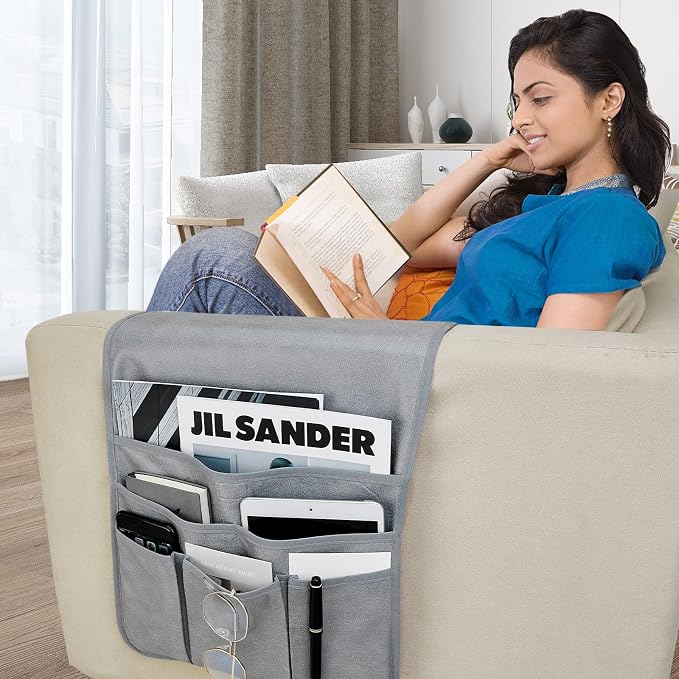 Teniux Remote Control Holder GRS Certified Armrest Organizer with 6 Pockets for recliner couch sofa, Recycled Material Armchair Caddy for Smart Phone, Book, Magazines, Ipad(Grey)