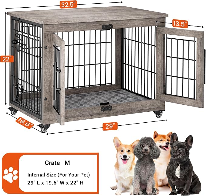 Medium Dog Crate Furniture, 32'' Heavy Duty Kennel w/Cushion & Wheels | Grey, Double Doors, Wooden Dog Cage, Chew-Resistant, End Table, Decorative, 27"/32"/38"/44" Options, Indoor
