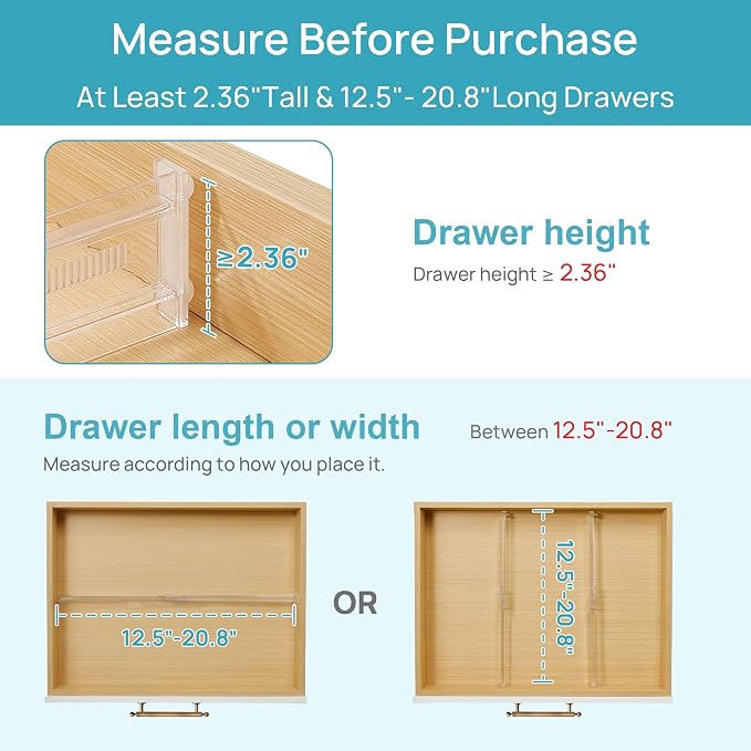 Vtopmart 8 Pack Shallow Drawer Dividers, 2.36" High 12.5"-20.8" Adjustable Expandable Kitchen Drawer Organizer, Clear Plastic Organizer Separators for Flatware, Utensil, Cutlery, Underwear, Clothes | Expandable Kitchen Drawer Organizer, Clear Plastic O...