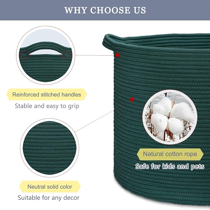 Large Cotton Rope Blanket Basket, 87L Laundry Hamper, Dark Green