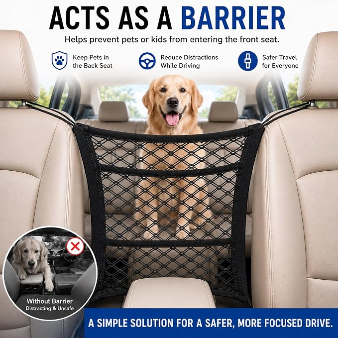 Car Net Pocket Organizer for BMW XM Label Red 2024-2026 | Rear Seat Partition Net,Back Seat Dog Barrier, Trunk Mesh Storage Bag with 3-Layer Hooks, Auto Cargo Holder