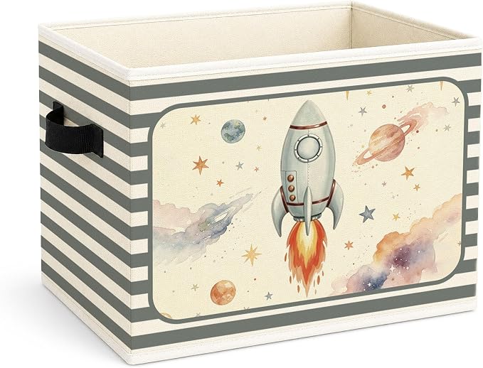 Rocket Storage Bin, Space Rocket Blue Gray Stripe Fabric Basket | Foldable space rocket fabric organizer for nursery, bedroom, playroom, toys, books, and clothes
