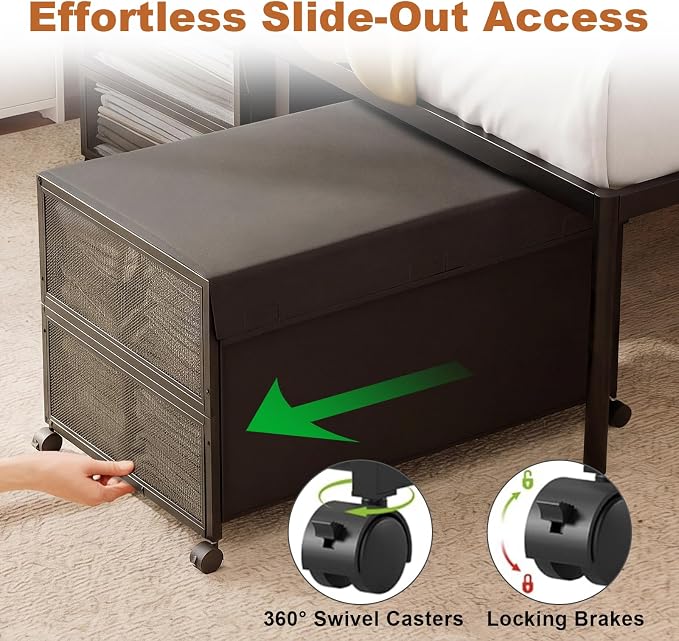 Fokyfok 2Pack Under Bed Storage Containers,16 inch Height,31 inch Long | Under Bed Shoe Storage,Underbed Storage with Wheels,Large Rolling under bed Clothes Storage Drawers,Lid,Dorm Tall,Black