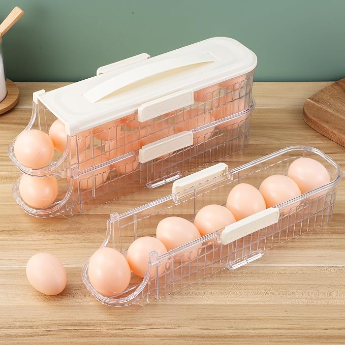Uonlytech Automatic Rolling Holder Fridge Triple Stackable Organizer Lid Space Saving Refrigerator Storage Tray Kitchen