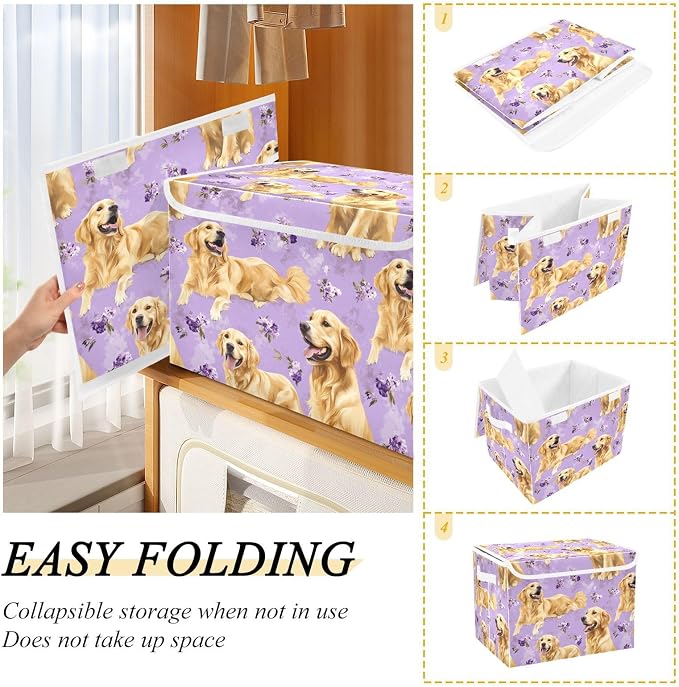 Art Golden Retriever Dogs Purple Storage Bins Bins For Organization With Handle for Pack Moving