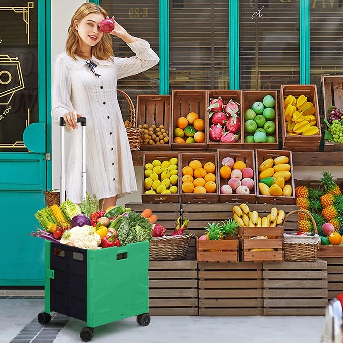 Foldable Shopping Utility Cart Portable Rolling Crate Handcart with 360°Rotate Wheel,Hidden Lid,Telescoping Handle Collapsible for Travel Shopping Moving Storage Office Use(DarkGreen)