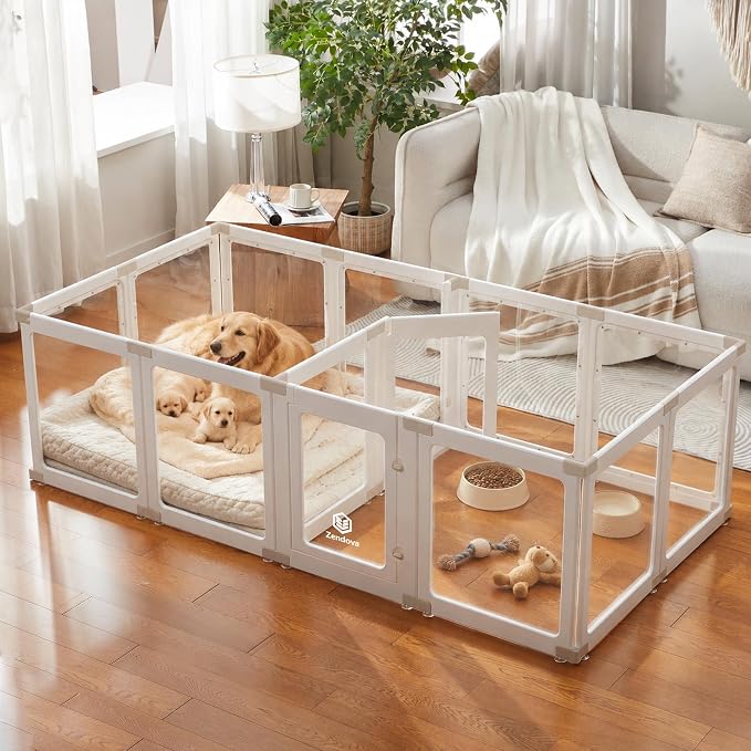 Acrylic Dog Playpen Indoor for Small Dogs & Puppies | 2 Rooms Clear Pet Playpen, Easy Clean & Assemble, Modern No-Bar Design, Escape-Proof & Sturdy, 23.6", 14 Panels, White