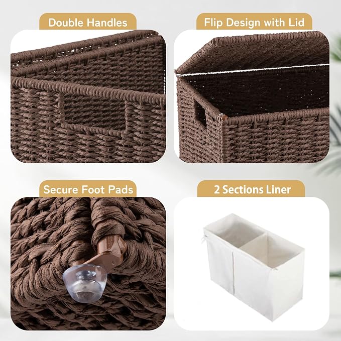 OIAHOMY Laundry Hamper with Lid, 110L(29.1 Gal) Large Wicker Laundry Basket for Bedroom, Handwoven Paper Rope Clothes Hamper with Washable Liner & Metal Frame, Decorative organizer for Bathroom Brown