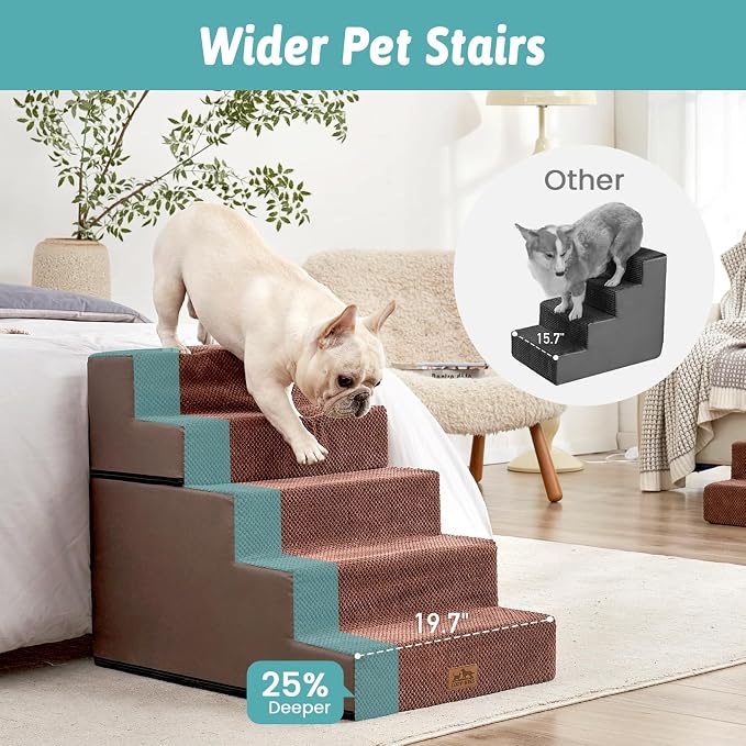 COZY KISS Dog Stairs for Small Dogs, 5 Step Pet Stairs for Beds & Couches | 23.6" Extra Wide Non-Slip Dog Steps with Removable Tiers & Support Board for Puppies, Older Cats & Dogs, Brown