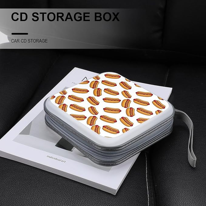 Portable CD Holder Case with Strap Hot Dog Food, 40-Capacity Hard Plastic Storage Binder, Protective Wallet for Car Office Travel