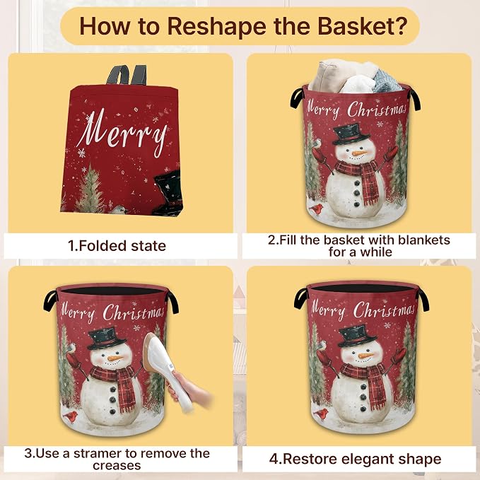 Snowman Bird Collapsible Laundry Basket,Merry Christmas Waterproof Oxford Cloth Hamper with Handles,Portable Storage Organizer for Laundry Room Bedroom