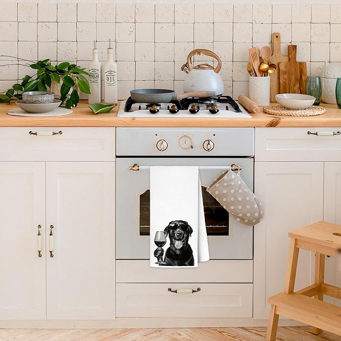 Funny Black Labrador Retriever Drinking Wine Kitchen Towels 16x24 Inch, Black Lab Gifts Decorative Hand Towels for Kitchen Home Bar, Wine Lover Gifts Dish Tea Towel Drying Cloth