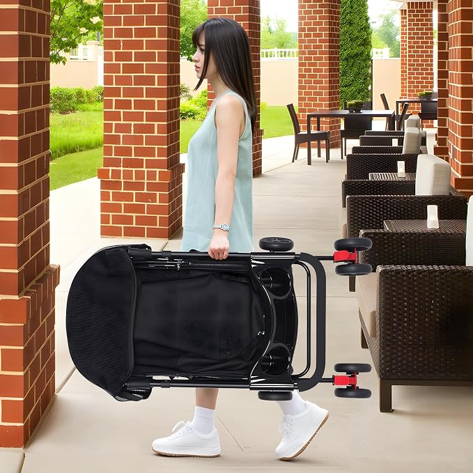 4‑Wheel Foldable Pet Stroller, Travel Strolling Cart for Small & Medium Dog | Breathable Visible Mesh Window, Cup Holder & Storage Basket, Rear Wheel Dual Brake, Portable Folding Design Black