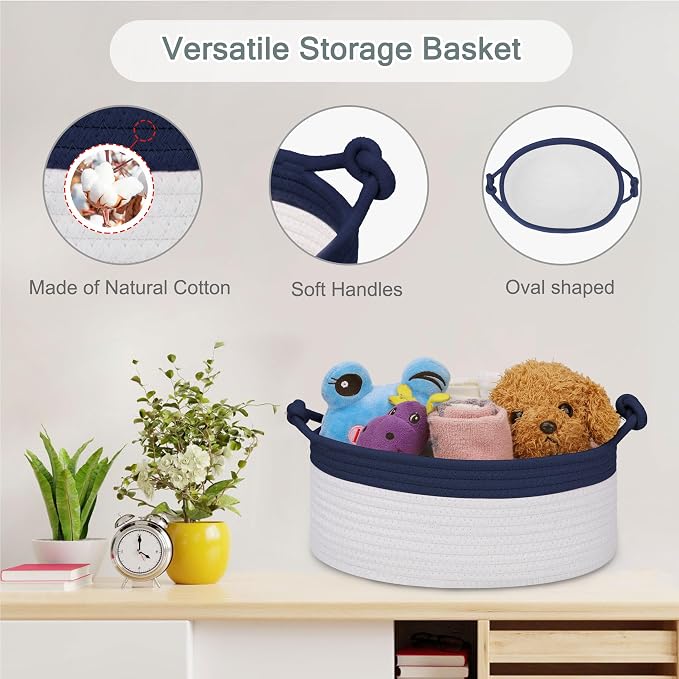 COMSE Small Gift Basket Empty with Bag & Ribbons, Navy Blue & White | Cotton Rope, 12"x 8"x 5", Pet Toy Storage Organizer, Woven Basket for Birthdays, Baby Showers, Mother’s Day, Valentine’s Day