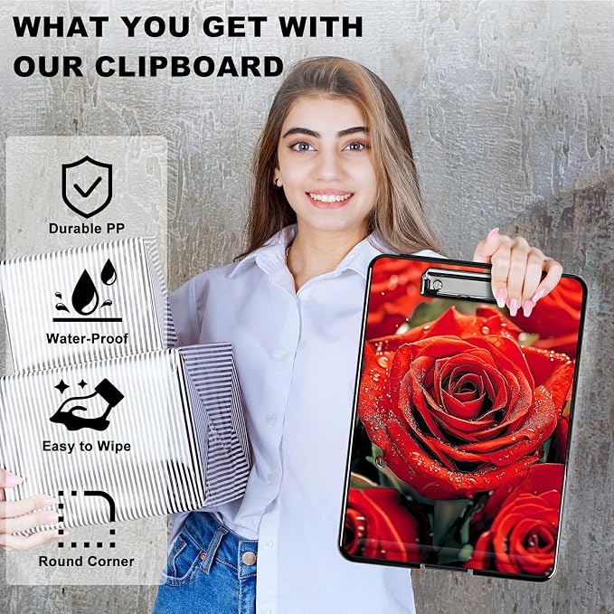 Heavy Duty Storage Clipboard, Slim Nursing Clipboard with Internal Pen Case, Portable File Organizer Case for A4 Letter Size Paper Office Medical Professionals, Red Rose