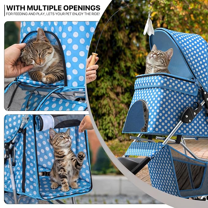 MoNiBloom Pet Stroller for Small/Medium Dogs and Cats, Sky Blue | Foldable Dog Stroller 3 Wheels Pet Strolling Cart w/ Storage Basket Cup Holder, Breathable and Visible Mesh for All-Season