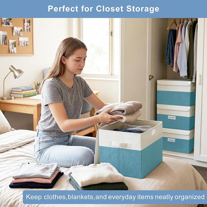 Large 22 Quart Linen Fabric Foldable Storage Bin Cube Organizer Basket with Flip-Top Lid & Handles, Clothes Blanket Box for Home, Office, Closet, Teal & White, 4 Pack 14.6 x 9.5 x 9.5