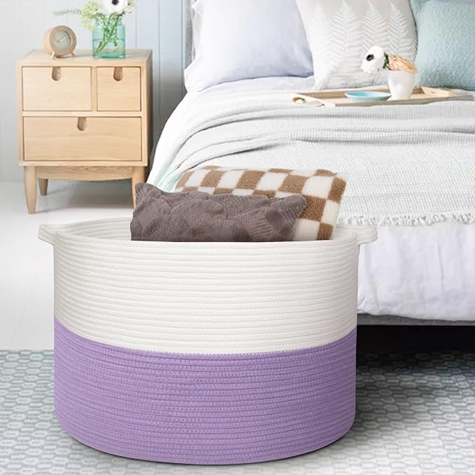 MEGASKET Large Purple Rope Storage Basket, 22x14 Inches Wicker Woven Baskets for Storage, Baby Laundry Hamper, Towel Blanket Toy Bin Organizer, Purple Living Room Decor, Big Basket for Gifts Empty