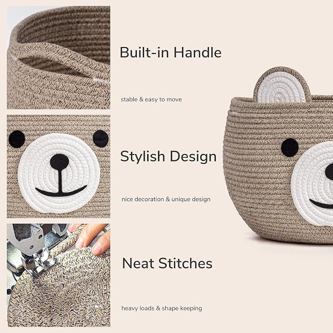 CherryNow Large Baby Basket for Gifts Empty, Cute Bear Design, Light Brown | 15.7" x 10.5" Baby Shower Basket for Kids Boys Newborn Storage, Woven Rope Toy Basket, Fits Living Room Nursery Décor