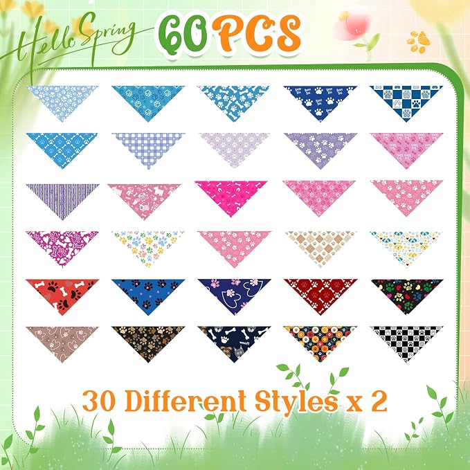 Sanwuta 60 Pcs Holiday Dog Bandanas Bulk Paw Prints Funny Dog Bandanas Adjustable Dogs Bibs Triangle Scarf Pet Costume Cute for Small to Large Pet(Paw Prints, Medium)