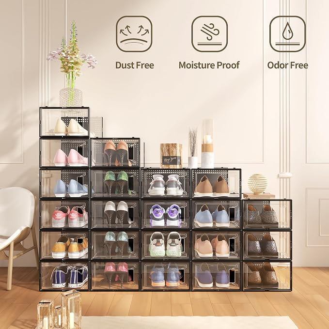 12 Pack XX-Large Stackable Clear Plastic Shoe Storage Box Organizer, Black | Easy to Assemble and Stack, Fit Size 11, Ventilated Dust-Proof, For Sneaker, Closet, Entryway, Under Bed, Replace Shoe Rack