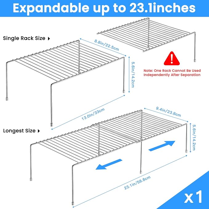 Tomorotec Expandable Kitchen Cabinet Organizer Stainless Steel Shelf Silver | Adjustable from 12.8 to 22.8 Inches Rustproof with Anti-Slip Feet for Pantry Bathroom Closet and Countertop Organization