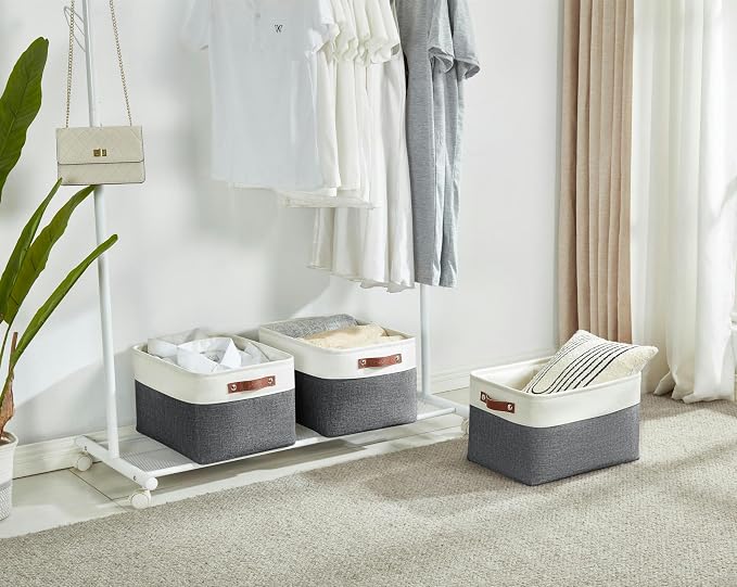 DECOMOMO Storage Bins, Large Fabric Storage Baskets for Shelves 3 Pack | 15 x 11 x 9.5 inches Decorative Linen Closet Organizers (Slate Grey & White)