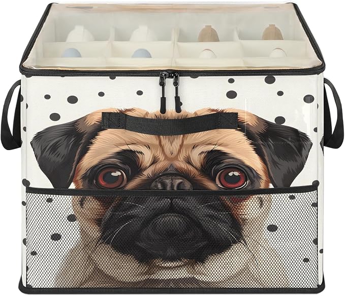 TropicalLife Polka Dots Pug Dog Shoe Organizer for Closet | Foldable Shoe Storage Box Bin 16-32 Pair Shoe Storage for Sneakers, Boots & Heels with Adjustable Dividers, Clear Cover