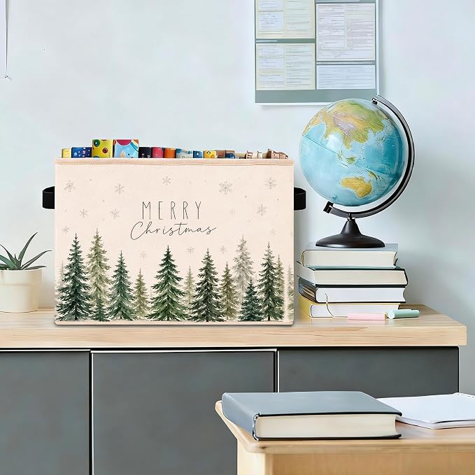 Merry Christmas Forest Storage Bin, Fabric Organizer | Merry Christmas forest storage bin with pine trees and snowflakes for toys, books, clothes, blankets, shelves, and closets.