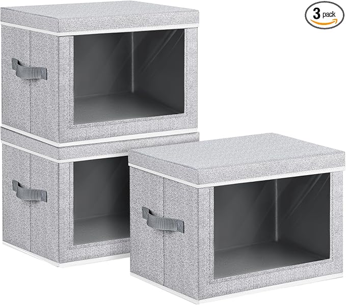 Storage Bins with Lids, 3 Pack Large Storage Cubes with Window, Closet Bins with Lids & Handles, Fabric Box for Organizing Clothes, Towels, Books, Blended
