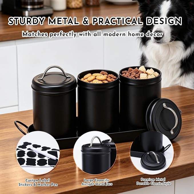 Dog Treat Container Airtight Set with Lid, 3 Dog Treat Jar with Tray | Metal Black Dog Food Storage Container with Labels & Marker, Dog & Cat Treat Holder, Easy Open Lid & Easy Carry Handles
