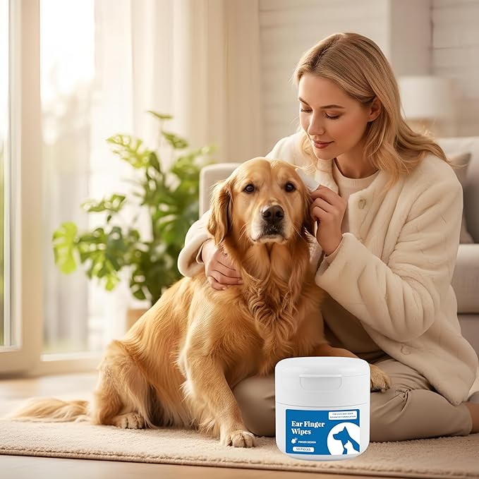 Dog Ear Cleaning Wipes, Super Convenient Finger Wipes for Dogs & Cats - Disposable Finger Cots for Ear Wax Removal & Moisturizing Pet Ear Care, 50ct