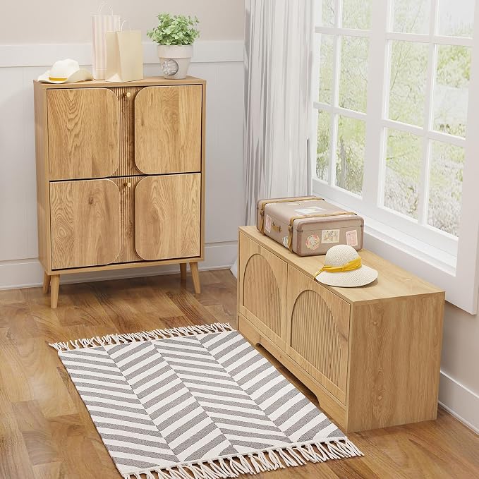 BERRYMERRY 39.4" Fluted Shoe Storage Bench for Entryway | Arched Door,Entryway,End of Bed,Shoe Cabinet,Adjustable Shelf,Bedroom,Natural,Mid Century Modern,2 Tier