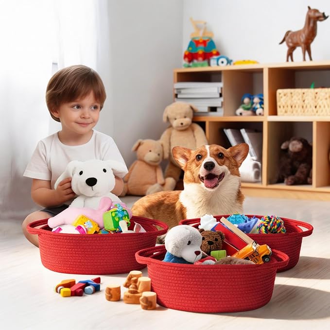 Small Red Woven Basket, 13"x 9"x 5" Gift Basket Empty Christmas Valentine' Day, Cotton Rope Kid Pet Toy Bin Box, Cute Baby Nursery Easter Organizer, Decorative Wicker Storage, Red Room Decor