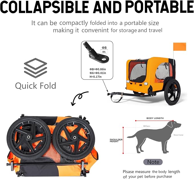 KEIKI Dog Bike Trailer with Built-in Leash, Pet Stroller Cart Bicycle Carrier, Easy Folding Cart Frame with Front Caster & 16" All-Terrain Wheels & Universal Hitch, Supports up to 66 lbs