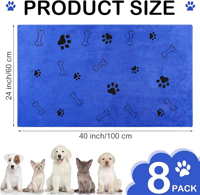 Chumia 8 Pcs Dog Towels for Drying Dogs Cats Pet Towels Bulk Puppy Microfiber Fast Drying Paw Bath Bathing Supplies Absorbent for Medium Pets(40 x 24 Inch,Dog Paw and Bone,Dark Blue)