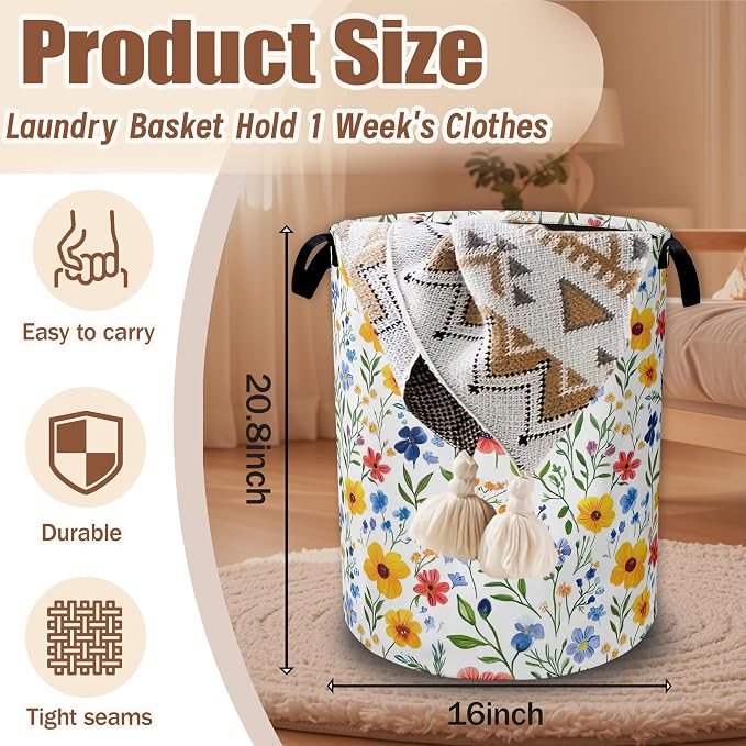 Laundry Basket Colorful Wildflower Collapsible Laundry Baskets Waterproof Oxford Cloth With Handles,Laundry Hamper Clothes Storage Bucket Toy Organizer for Bathroom/Nursery/Bedroom 16" x 20.8"